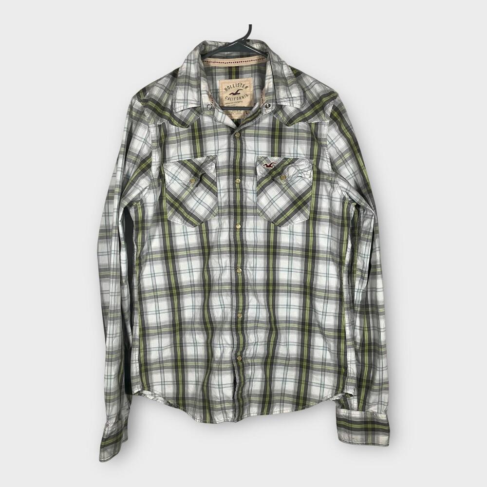 Hollister Pearl Snap Long Sleeve Shirt Men’s Size Large Green Plaid 100% Cotton